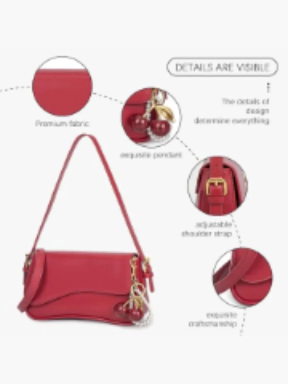 Women's Hobo Crossbody Purse with Cherry Pendant, PU Leather, Detachable Straps